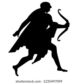 Isolated vector illustration. Running ancient Greek god Apollo with a bow. Black silhouette on white background.