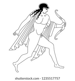 Isolated vector illustration. Running ancient Greek god Apollo with a bow. Vintage vase painting motif. Black and white linear silhouette. Cartoon style.