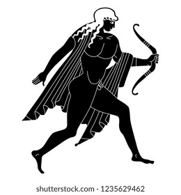 Isolated vector illustration. Running ancient Greek god Apollo with a bow. Vintage vase painting motif. Black and white linear silhouette. Cartoon style.