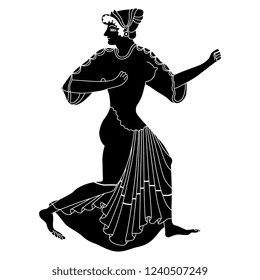 Isolated vector illustration. Running ancient Greek woman or goddess. Ethnic vase painting motif. Cartoon style. Black and white linear silhouette.