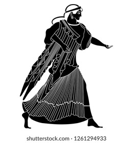 Isolated vector illustration. Running ancient Greek girl. Vase painting motif. Black and white linear silhouette.