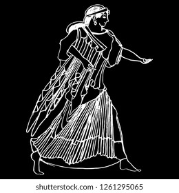 Isolated vector illustration. Running ancient Greek girl. Hand drawn linear doodle sketch. White silhouette on black background.