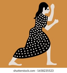 Isolated vector illustration. Running angry woman in polka dot dress. Ancient Greek vase painting motif.