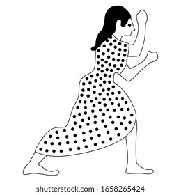 Isolated vector illustration. Running angry woman in polka dot dress. Ancient Greek vase painting motif. Black and white silhouette.