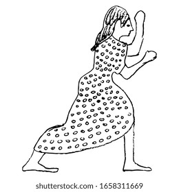 Isolated vector illustration. Running angry woman in polka dot dress. Ancient Greek vase painting motif. Hand drawn linear doodle ink sketch. Black silhouette on white background.