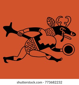 Isolated vector illustration. Running anthropomorphic warrior deer. Based on ancient Mochica art of Peruvian Indians.