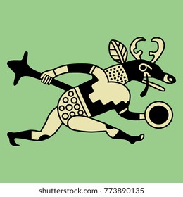 Isolated vector illustration. Running anthropomorphic warrior deer. Based on ancient Mochica art of Peruvian Indians.