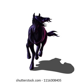Isolated vector illustration of a running black horse, front view.