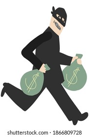 Isolated vector illustration of running robber with big money sacks. Thief in black clothes and robber mask is  running away. 