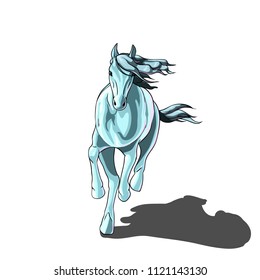 Isolated vector illustration of a running white horse, front view.