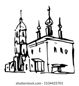 Isolated vector illustration. Russian orthodox temple in Suzdal. Hand drawn doodle ink sketch. Black and white silhouette. 