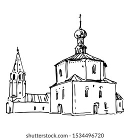 
Isolated vector illustration. Russian orthodox temple in Suzdal. Hand drawn doodle ink sketch. Black and white silhouette. 