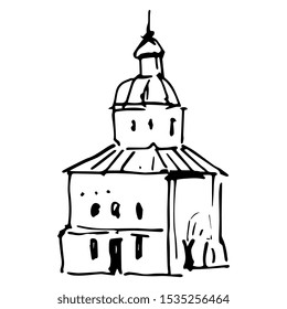 Isolated vector illustration. Russian orthodox church in Suzdal. Hand drawn doodle ink sketch.  White silhouette on black background.