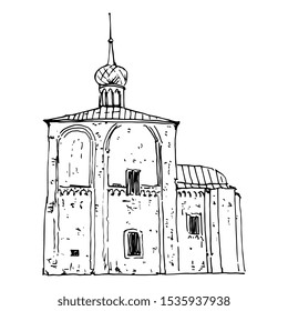 Isolated vector illustration. Russian orthodox temple in Suzdal. Hand drawn doodle ink sketch. Black and white silhouette. 