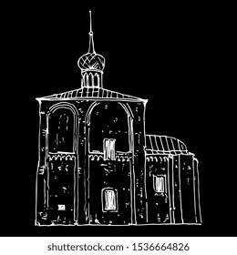 Isolated vector illustration. Russian orthodox temple in Suzdal. Hand drawn doodle sketch. White silhouette on black background.