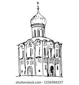 Isolated vector illustration. Russian Orthodox temple in Suzdal. Church of the Intercession on the Nerl. Hand drawn linear sketch. Black and white silhouette.
