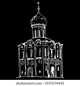 Isolated vector illustration. Russian Orthodox temple in Suzdal. Church of the Intercession on the Nerl. Hand drawn linear sketch. White silhouette on black background.