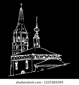 Isolated vector illustration. Russian Orthodox temple in Suzdal. Hand drawn linear sketch. White silhouette on black background.