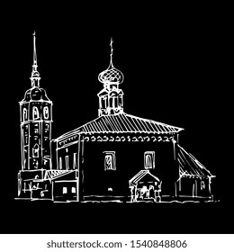 Isolated vector illustration. Russian Orthodox temple in Suzdal. Hand drawn linear sketch. White silhouette on black background.