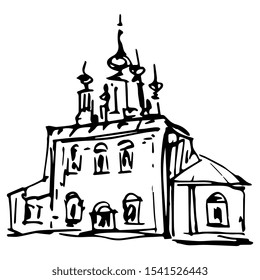 Isolated vector illustration. Russian Orthodox temple in Suzdal. Hand drawn linear sketch. Black and white silhouette.