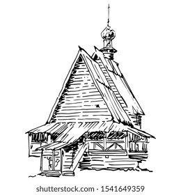Isolated vector illustration. Russian Orthodox wooden temple. Hand drawn linear ink sketch. Black silhouette on white background.