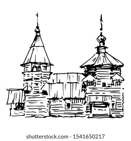 Isolated vector illustration. Russian Orthodox wooden temple. Hand drawn linear ink sketch. Black silhouette on white background.