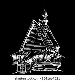 Isolated vector illustration. Russian Orthodox wooden temple. Hand drawn linear sketch. White silhouette on black background.