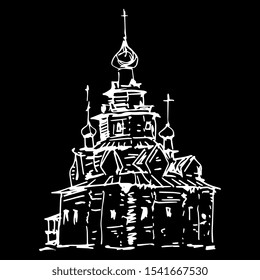 Isolated vector illustration. Russian Orthodox wooden temple. Hand drawn linear ink sketch. White silhouette on black background.