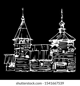 Isolated vector illustration. Russian Orthodox wooden temple. Hand drawn linear ink sketch. White silhouette on black background.