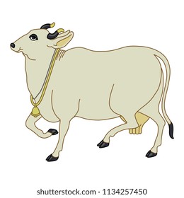 Isolated vector illustration of a sacred Indian Hindu cow adorned with golden bell. Based on traditional vintage art.