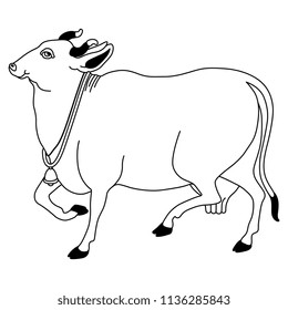 Isolated vector illustration of a sacred Indian cow. Black and white linear silhouette. Based on traditional Hindu motif.