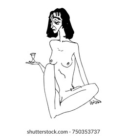 Isolated vector illustration of a sad sitting naked woman holding an hourglass. Metaphor of aging. Based on hand drawn ink sketch.