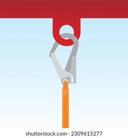 Ilustración vectorial aislada del arnés de seguridad acoplado al anclaje. Trabajar con equipos de protección de altura.