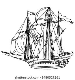 Isolated vector illustration. Sailing ship. Vintage European sea vessel or boat. Three mast barque. Hand drawn linear sketch. Black and white silhouette.