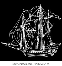 Isolated vector illustration. Sailing ship. Vintage European sea vessel or boat. Three mast barque. Hand drawn linear sketch. White silhouette on black background.