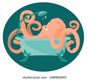 isolated vector illustration of salmon pink grumpy octopus with funny tentacles taking a shower in bathtub on dark green background. For kids design, washing and cleaning products, greeting cards