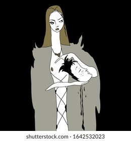 Isolated vector illustration. Salome with head of John the Baptist. Beautiful girl holding male head. Original style art. Dark female archetype.	