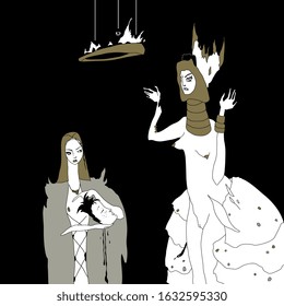 Isolated vector illustration. Salome and Herodias arguing about the head of John the Baptist. Hand drawn original style art. Dark female archetypes.