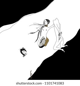 Isolated vector illustration. Salome and Iokanaan. Play by Oscar Wilde. Two fantastic characters. Male and female archetypes. Hand drawn original style art.