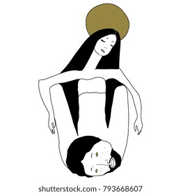 Isolated vector illustration. Salome. Seated woman with nimbus and a male head. Based on hand drawn original style art.