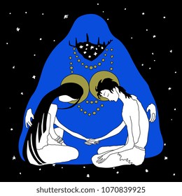 Isolated vector illustration. Sanctuary. Three fantastic surreal characters. Lovers in embraces of cosmic Great Mother goddess. Based on hand drawn original style art.