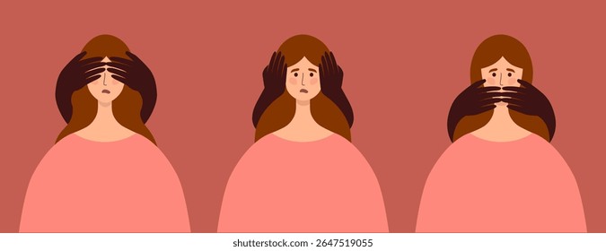 Ilustração vetorial isolada de dizendo Não ver mal não ouvir mal não falar mal. As mãos humanas de Dakr seguram a cabeça da mulher perto de seus olhos, ouvidos e boca. Violência feminina, abuso, ansiedade. Preocupação, medo ou vergonha
