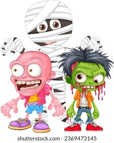 An isolated vector illustration of a scary zombie and mummy