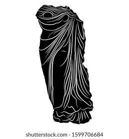 Isolated vector illustration. Sculpture of ancient Greek or Roman goddess. Headless draped female torso. Black and white silhouette.