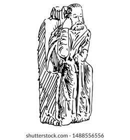 Isolated vector illustration. Sculpture of a seated Christian Saint from Spanish cloister. Hand drawn linear sketch. Black and white silhouette.
