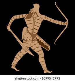 Isolated vector illustration of a Scythian warrior with a sword and bow. Based on ancient Greek vase painting motif. On black background.