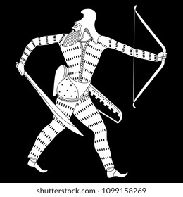 Isolated vector illustration of a Scythian warrior with a sword and bow. Based on ancient Greek vase painting motif. On black background.