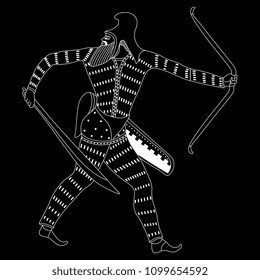 Isolated vector illustration of a Scythian warrior with a sword and bow. Based on ancient Greek vase painting motif. Linear white silhouette on black background.