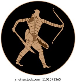 Isolated vector illustration of a Scythian warrior with a sword and bow in a circle. Based on ancient Greek vase painting motif.