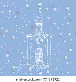 Isolated vector illustration. Seamless background with silhouette of a Russian church under snow. Cute winter motif. Based on hand drawn sketch.